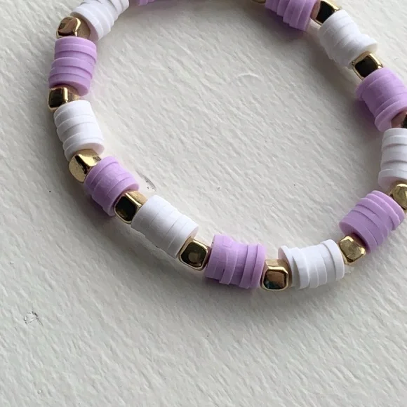 Handmade clay bead purple/white square gold beads stretchy - Picture 4 of 5